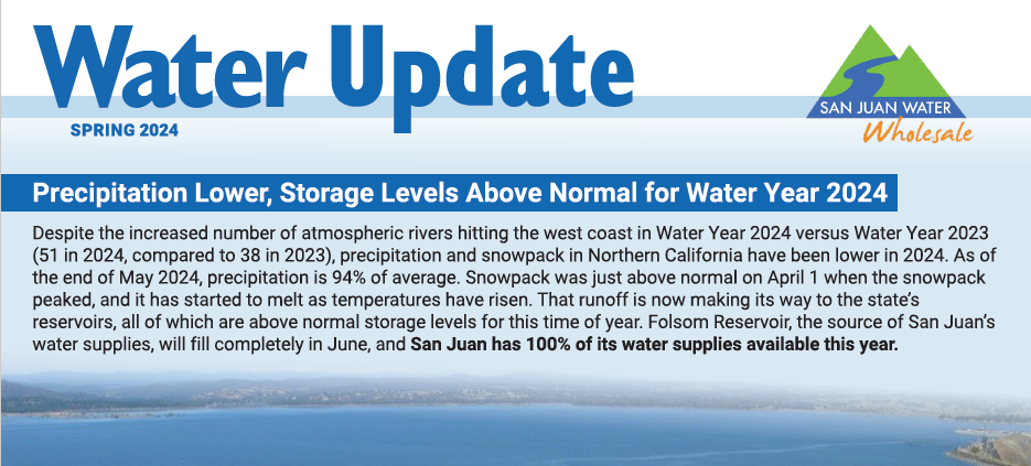 A "Water Update" flyer for Spring 2024 discussing precipitation and storage levels with an image of a reservoir.