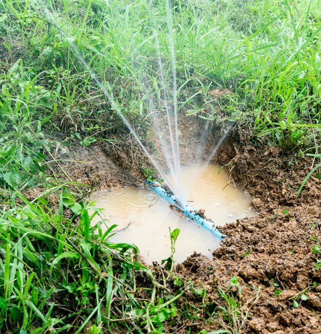 A broken irrigation pipe is spraying water into a muddy patch of grass.