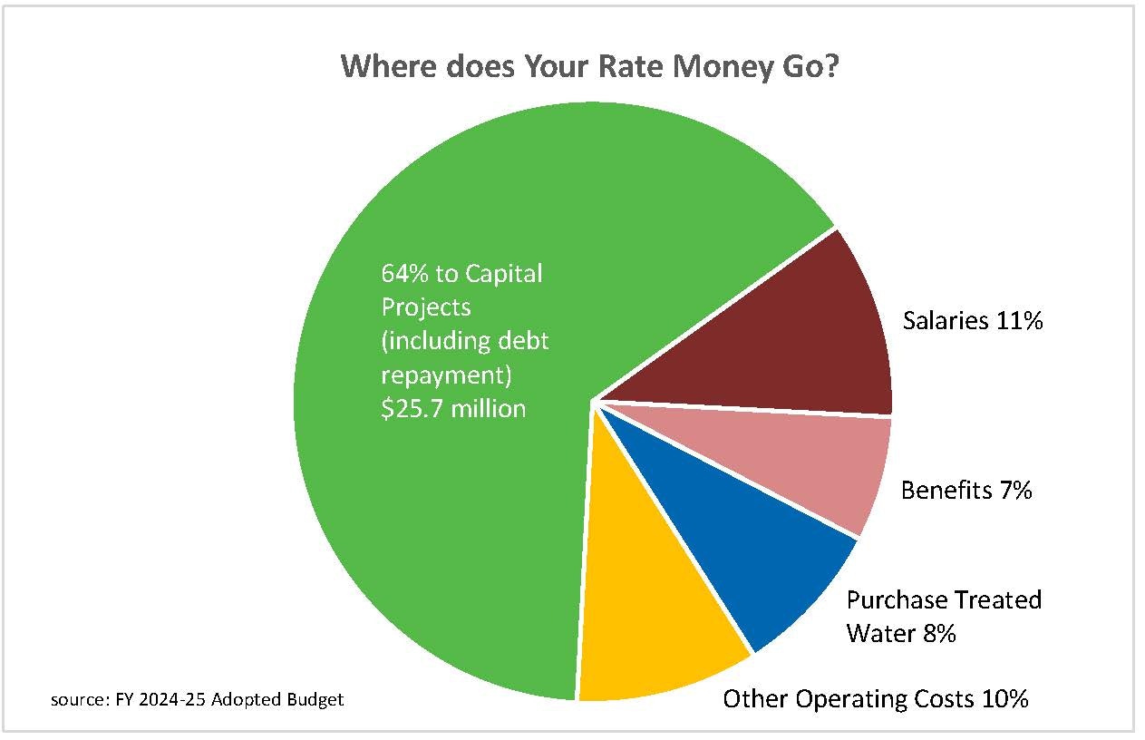 Pie chart showing budget allocation, with 64% to capital projects, salaries 11%, benefits 7%, water 8%, other costs 10%.