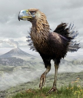 A large bird-like creature with an eagle head and dinosaur legs stands in a mountainous landscape with an erupting volcano in the background.