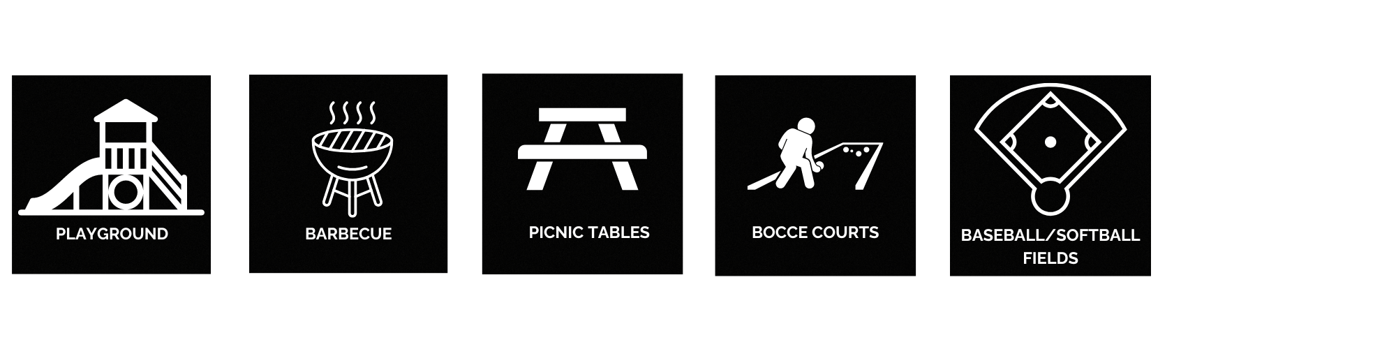 Icons for playground, barbecue, picnic tables, bocce courts, and baseball/softball fields.