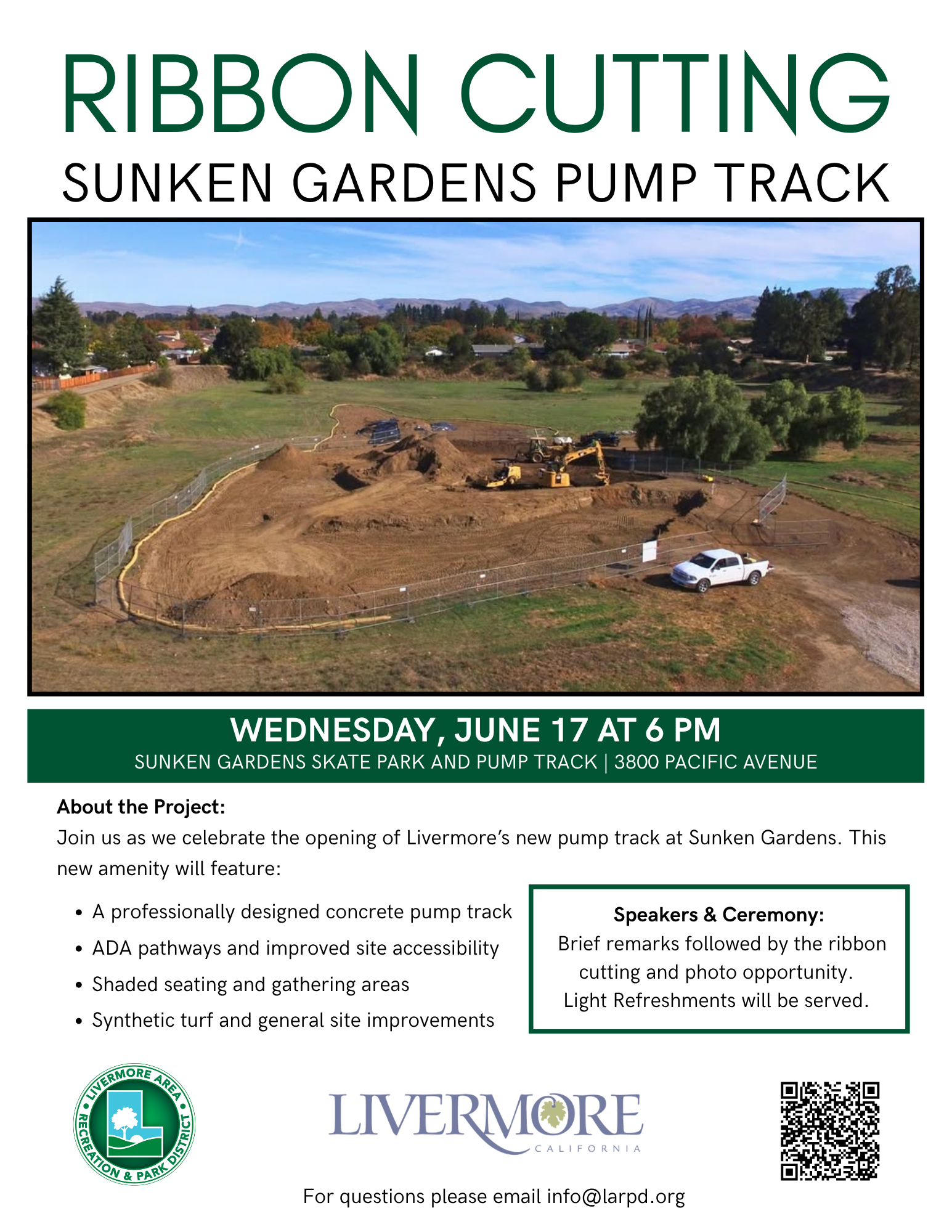 Announcement for a ribbon cutting event at Sunken Gardens Skate Park on June 17 at 6 PM, with light refreshments provided.