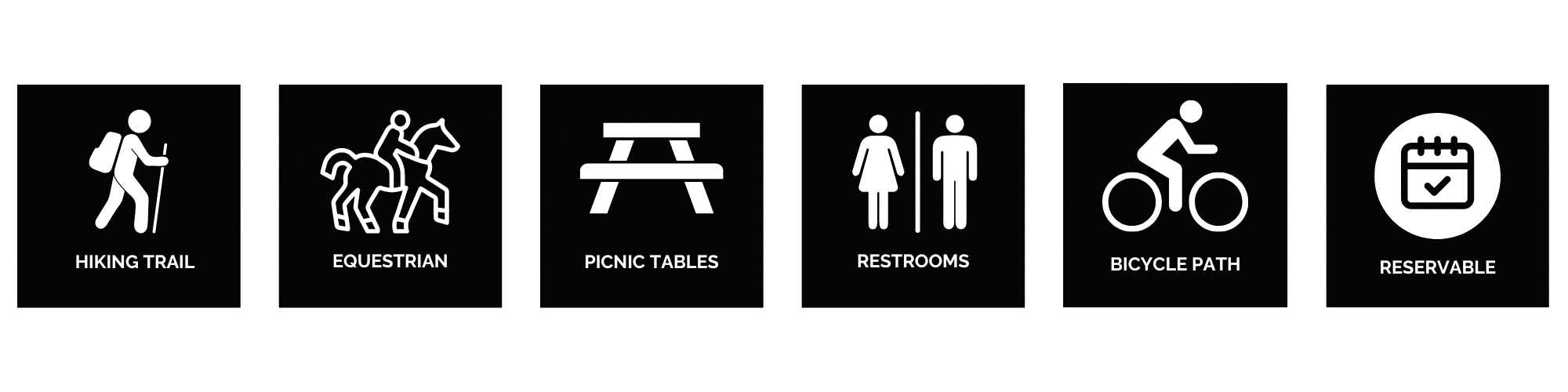 Six park signs: Hiking Trail, Equestrian, Picnic Tables, Restrooms, Bicycle Path, and Reservable area.