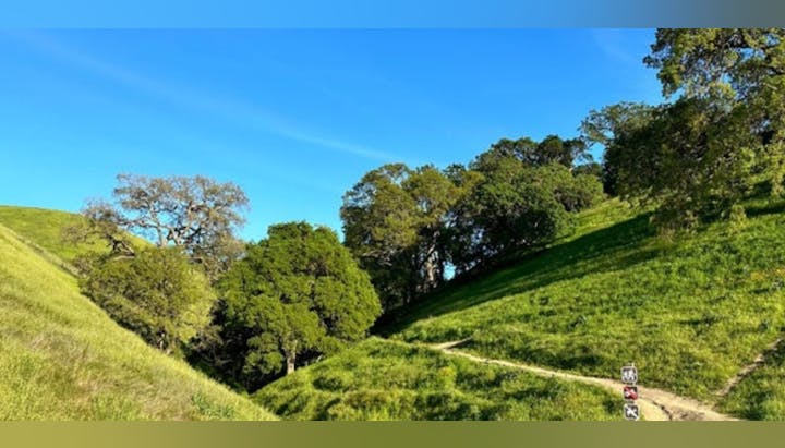 Green hills with trees, a dirt path, and a clear blue sky. Trail signs are visible.