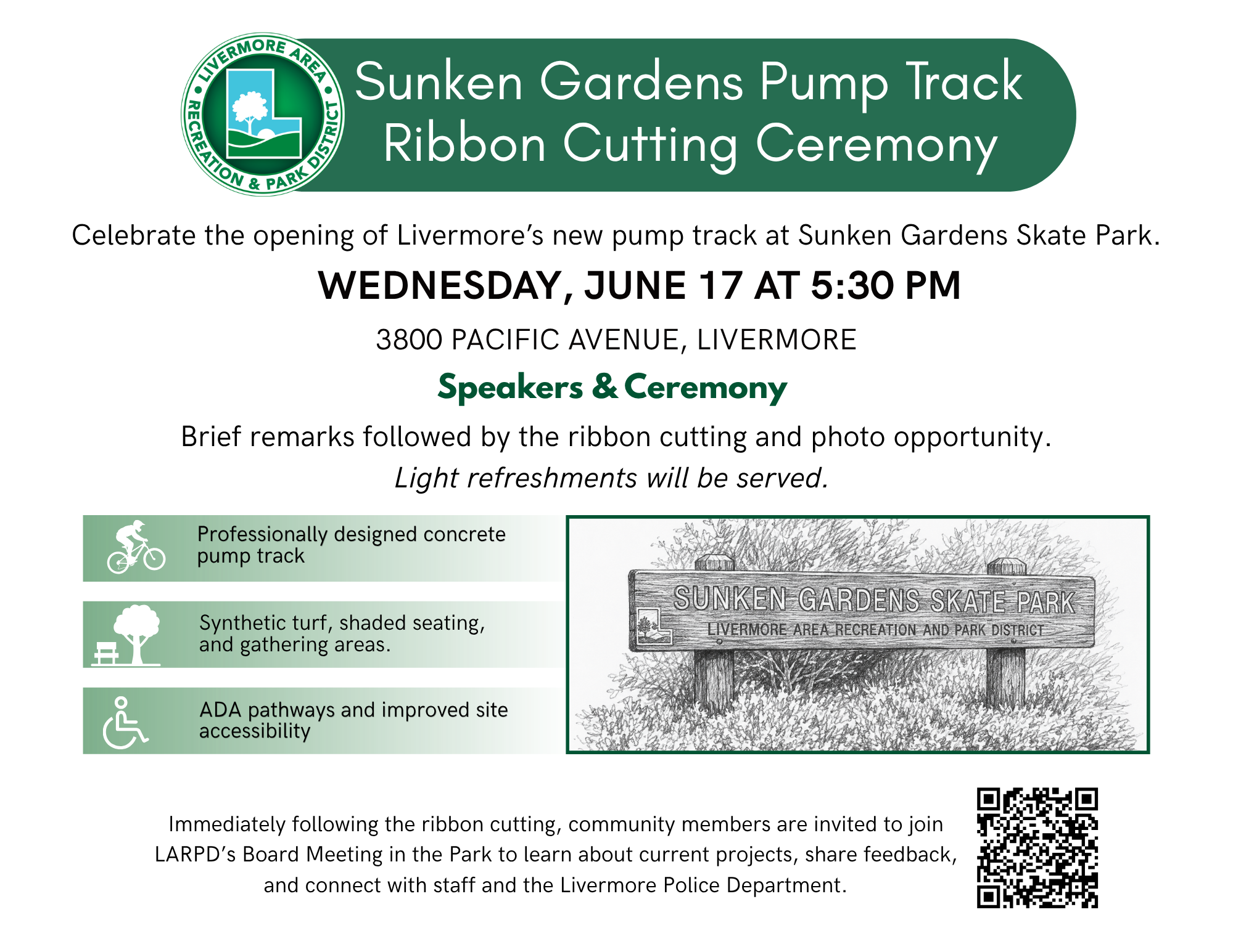 Join the Sunken Gardens Pump Track ribbon cutting on June 17 at 5:30 PM, 3800 Pacific Ave, Livermore. Light refreshments served!