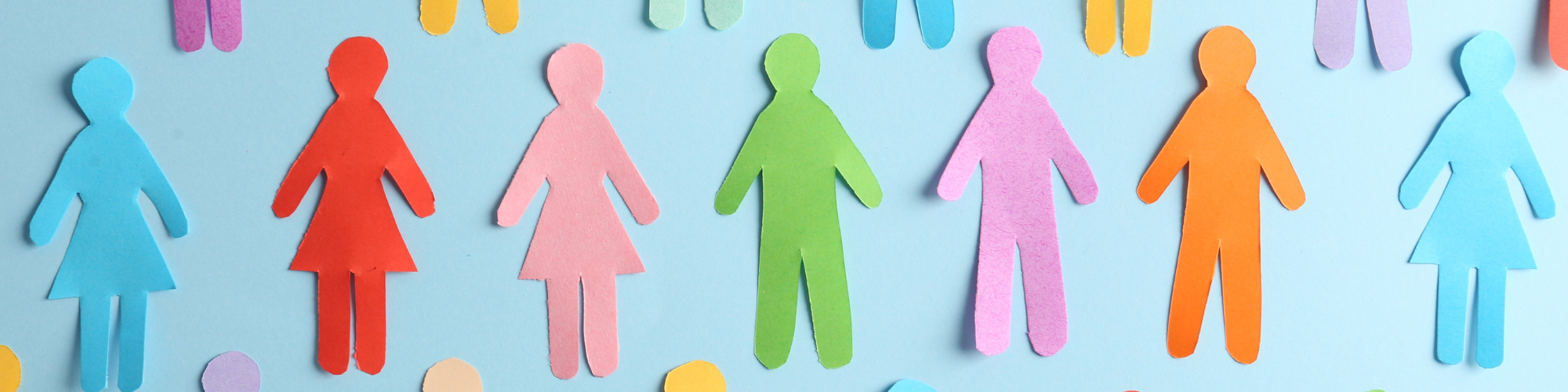 Colorful paper cutouts of human figures on a blue background, representing diversity or unity.