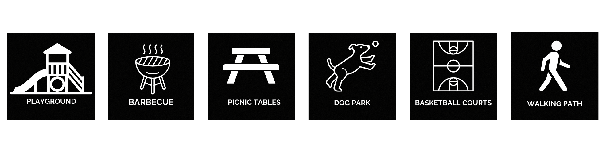 Icons depicting park amenities: playground, barbecue, picnic tables, dog park, basketball courts, and walking path.