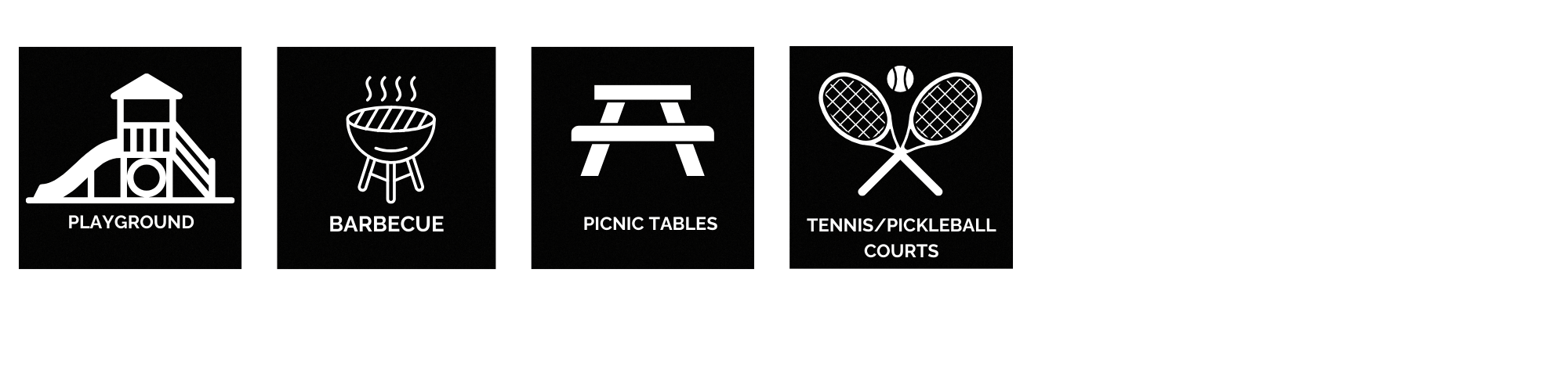 Icons indicating a playground, barbecue, picnic tables, and tennis/pickleball courts.