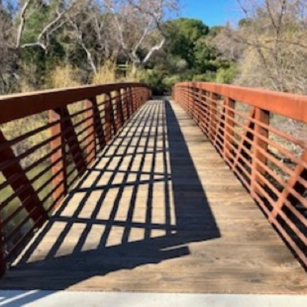A wooden bridge with metal railings, casting intricate shadows, surrounded by trees and clear blue sky.