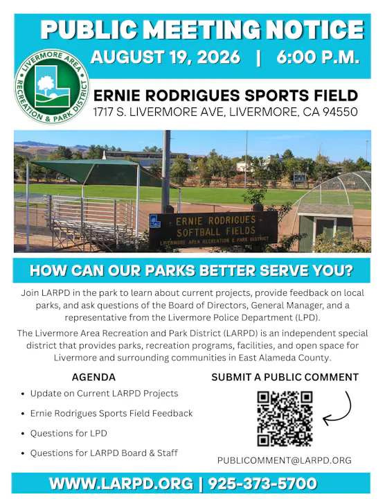 Public meeting on August 19, 2026, at Ernie Rodrigues Sports Field, Livermore, to discuss parks and gather feedback.