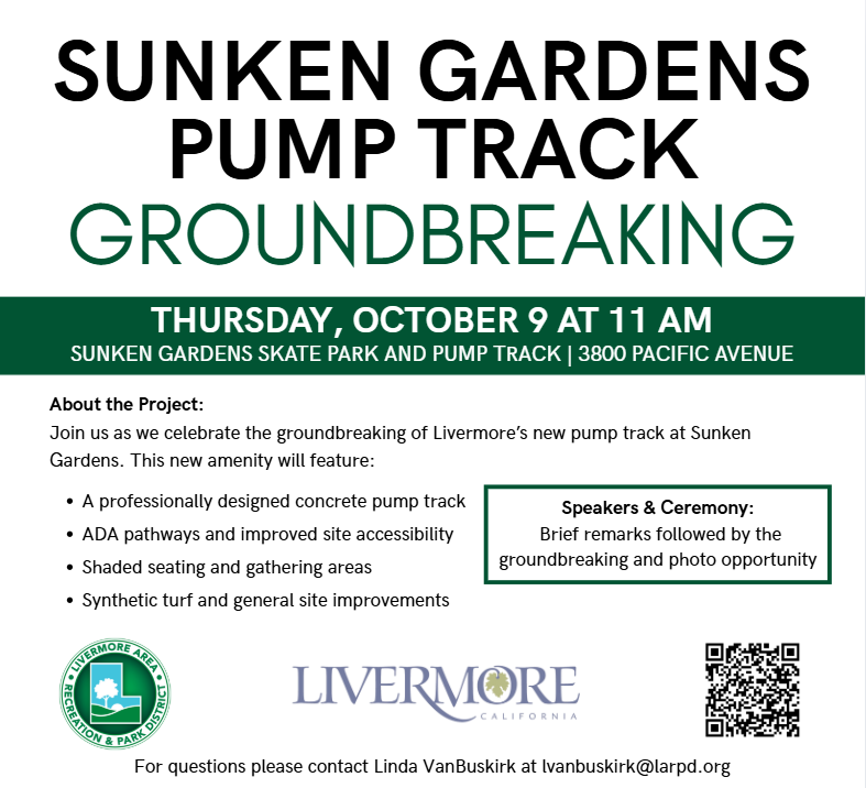 Sunken Gardens Pump Track Groundbreaking event on Oct 9 at 11 AM. Features include a concrete pump track, ADA pathways, seating, and turf.