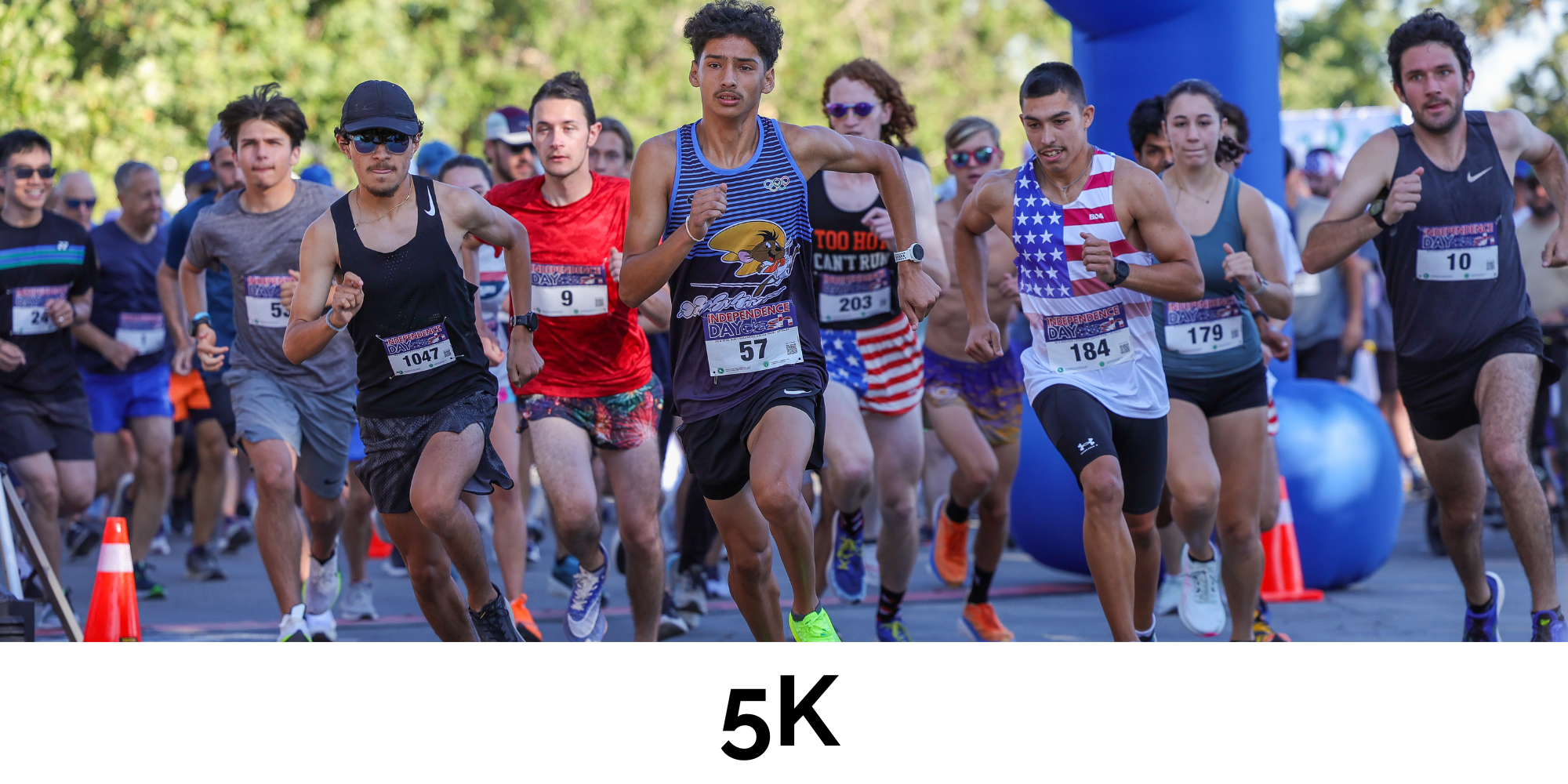 A group of runners participating in a 5K race, showcasing diverse gear and energetic expressions.