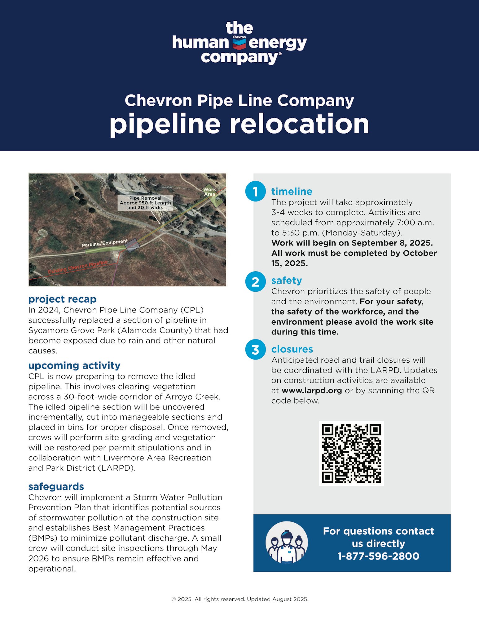 Chevron Pipe Line Company's pipeline relocation with timeline, safety info, and contact details. Work from Sept 8 to Oct 15, 2025.