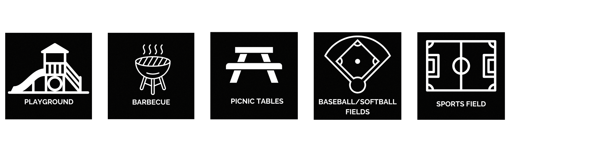 Icons representing a playground, barbecue, picnic tables, baseball/softball fields, and sports field.