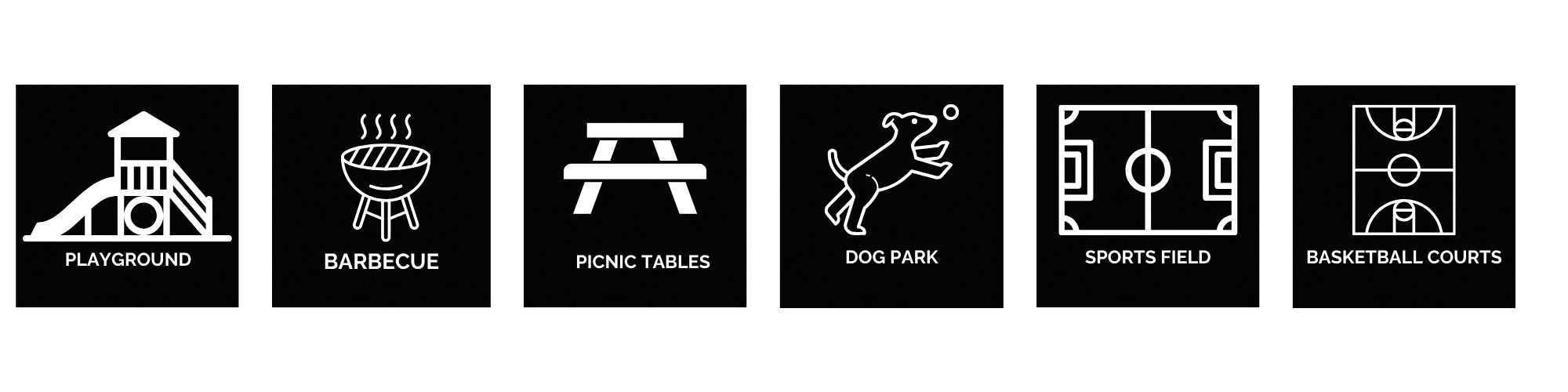 Icons depicting: playground, barbecue, picnic tables, dog park, sports field, basketball courts.