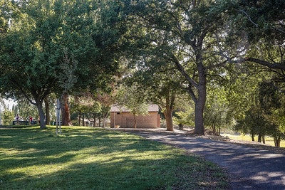 A park path with trees and a small building in the background under a clear sky.