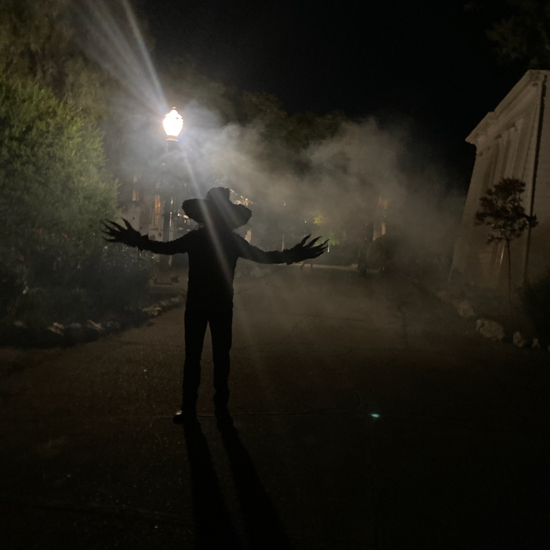 Silhouetted person with outstretched arms under a lamp post at night, surrounded by fog.