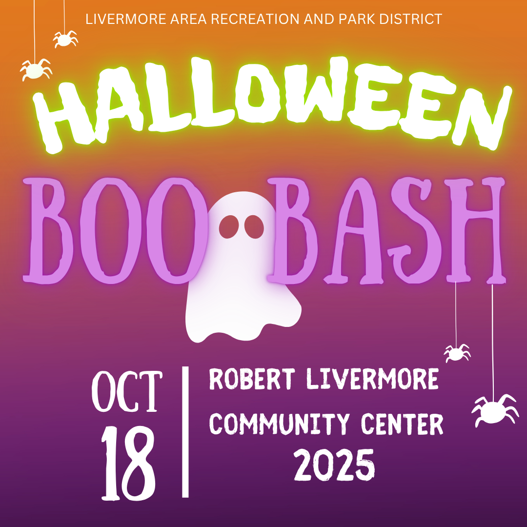Halloween Boo Bash event on October 18, 2025, at Robert Livermore Community Center. Spiders and a ghost theme.