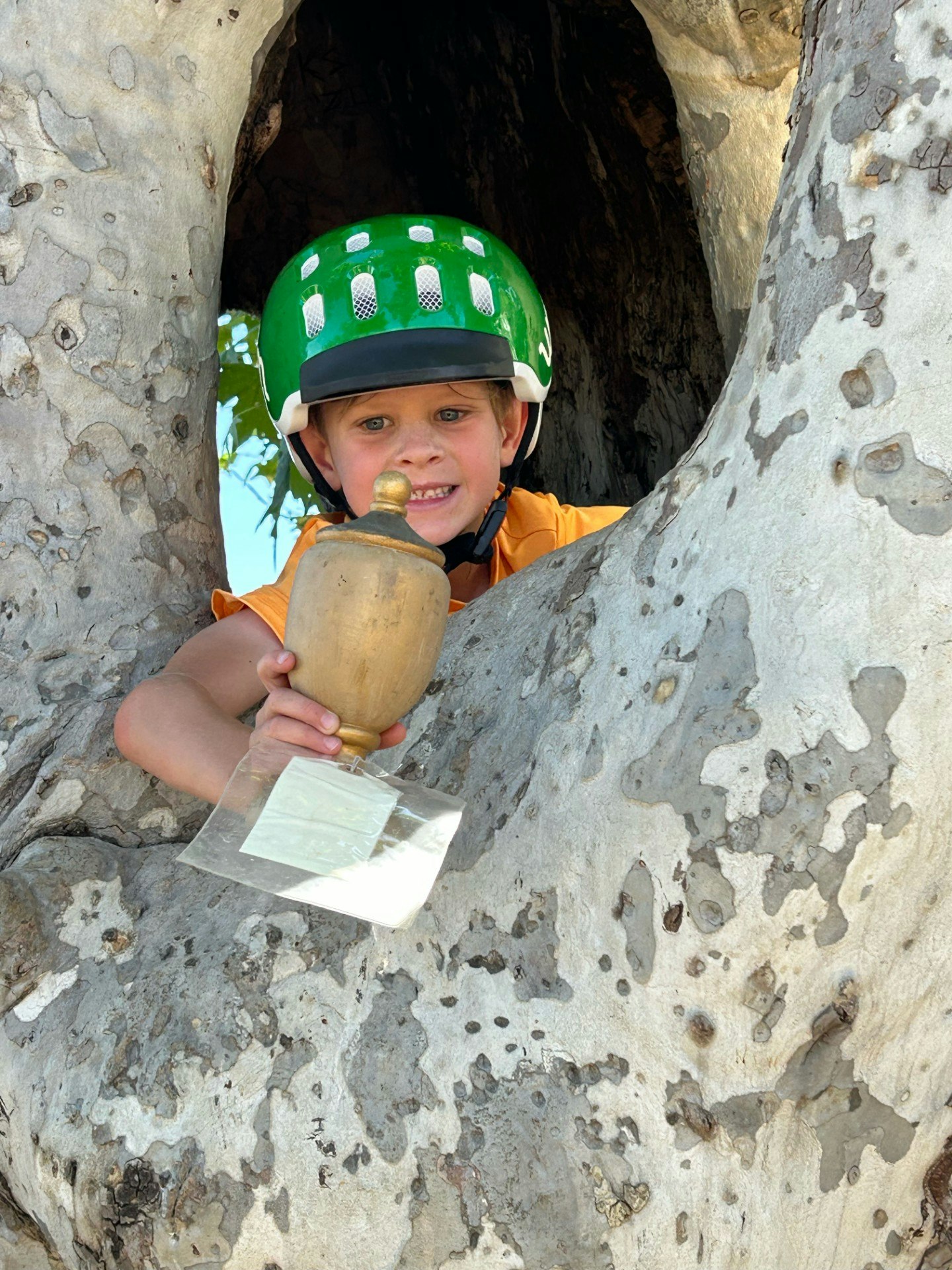 Child with helmet inside a tree trunk holding a gourd and a paper.
