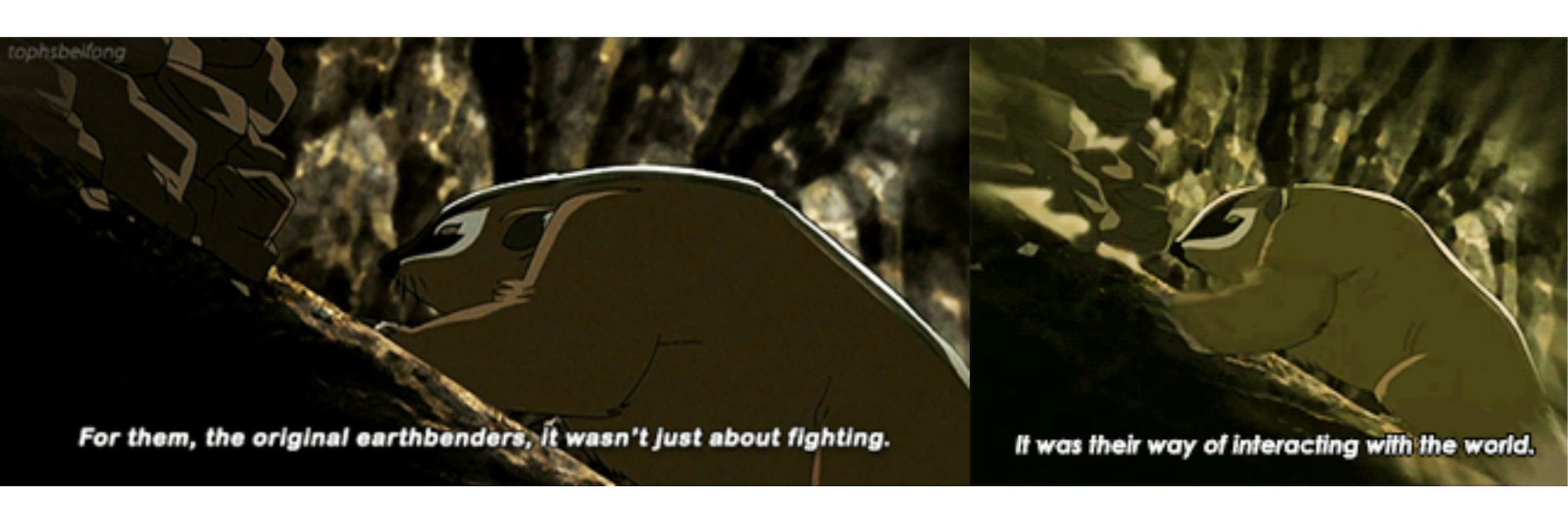 The image features an earthbender and a quote discussing the philosophy of the original earthbenders' connection with the world.