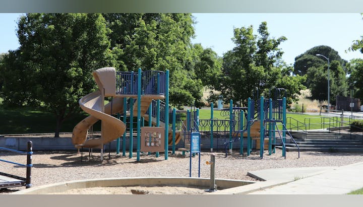 Playground with slides, climbing structures, and trees on a sunny day.