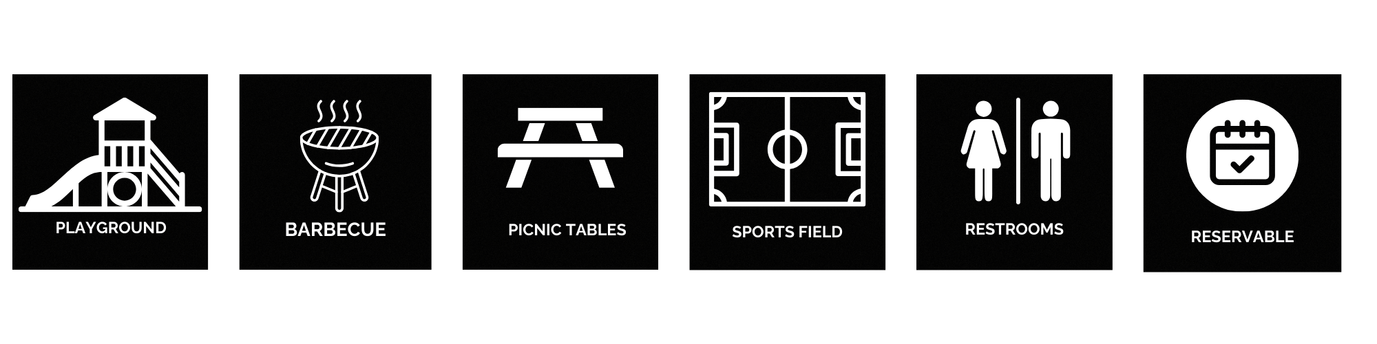 Icon set representing park facilities: playground, barbecue, picnic tables, sports field, restrooms, and reservable area.