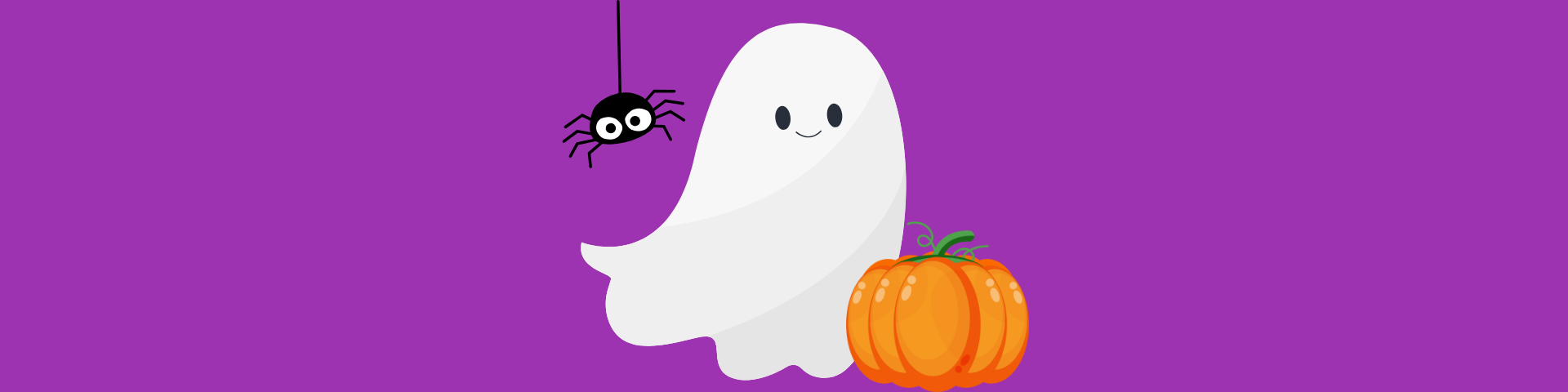 Cartoon ghost with a pumpkin and spider on a purple background.