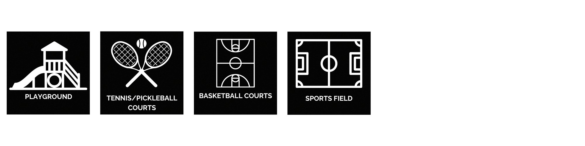 Four black and white icons representing a playground, tennis/pickleball courts, basketball courts, and a sports field.