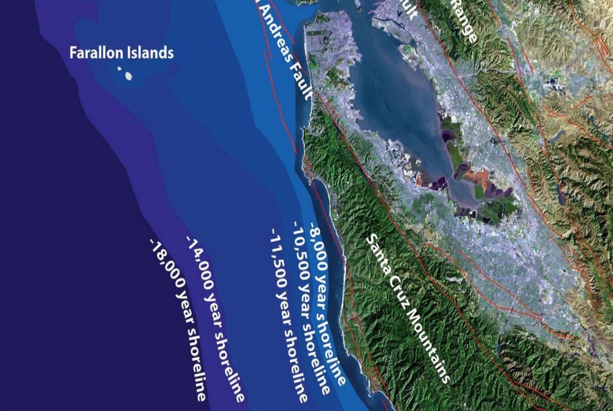Map showing Farallon Islands, San Andreas Fault, Santa Cruz Mountains, and ancient shorelines near the California coast.