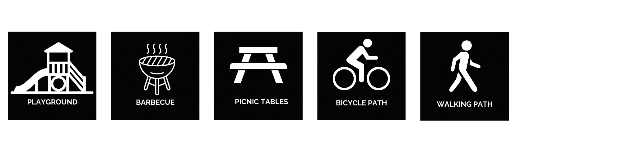 Icons for playground, barbecue, picnic tables, bicycle path, and walking path.