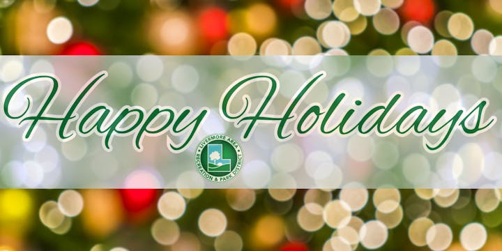 "Happy Holidays" text with colorful bokeh lights background and a green logo.