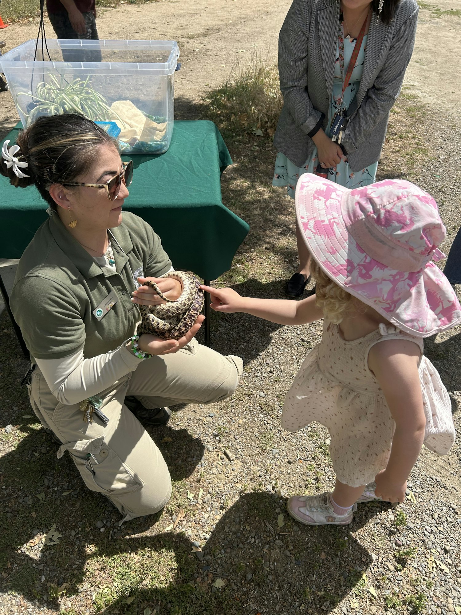 A child interacts with a woman holding a snake, while an adult watches nearby in an outdoor setting.