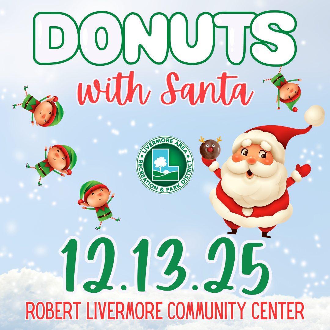 Event poster: "Donuts with Santa" on 12.13.25 at Robert Livermore Community Center with elves and Santa illustration.