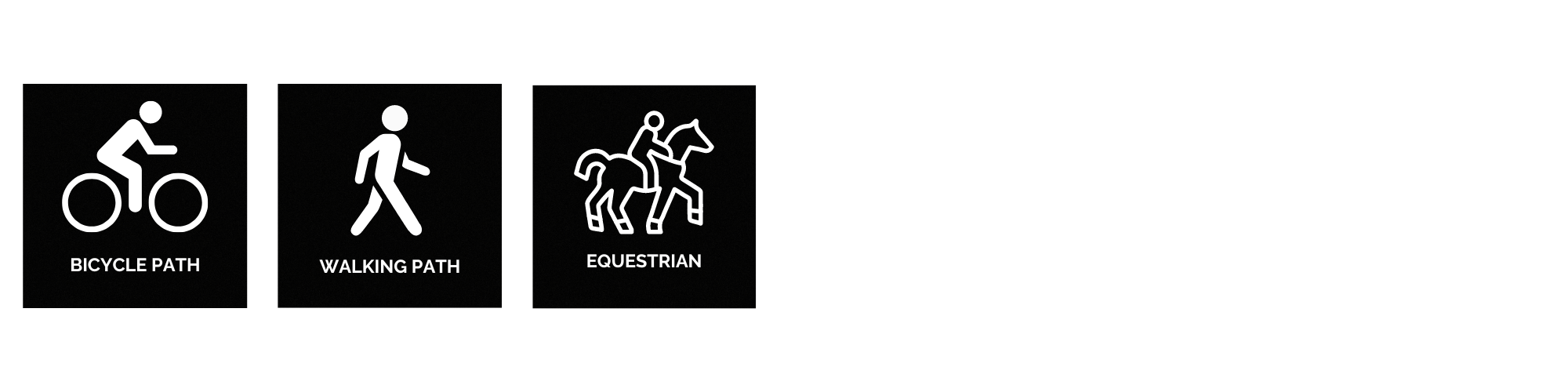Three black and white icons for bicycle path, walking path, and equestrian.