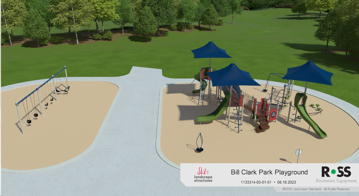 A playground rendering with swings, a climbing structure, slides, and shades, surrounded by grass and trees.