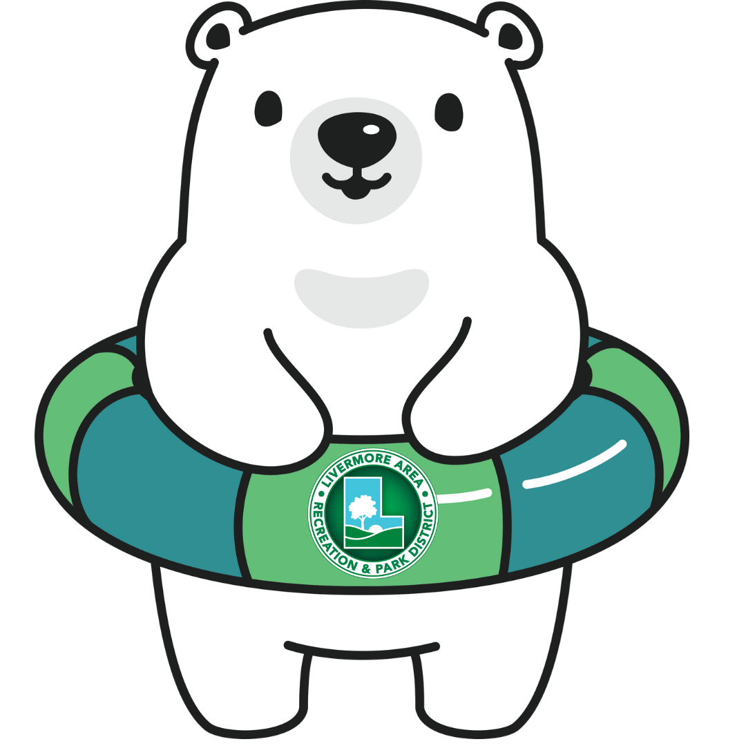 Cartoon polar bear with a green life ring bearing the "Livermore Area Recreation & Park District" logo.