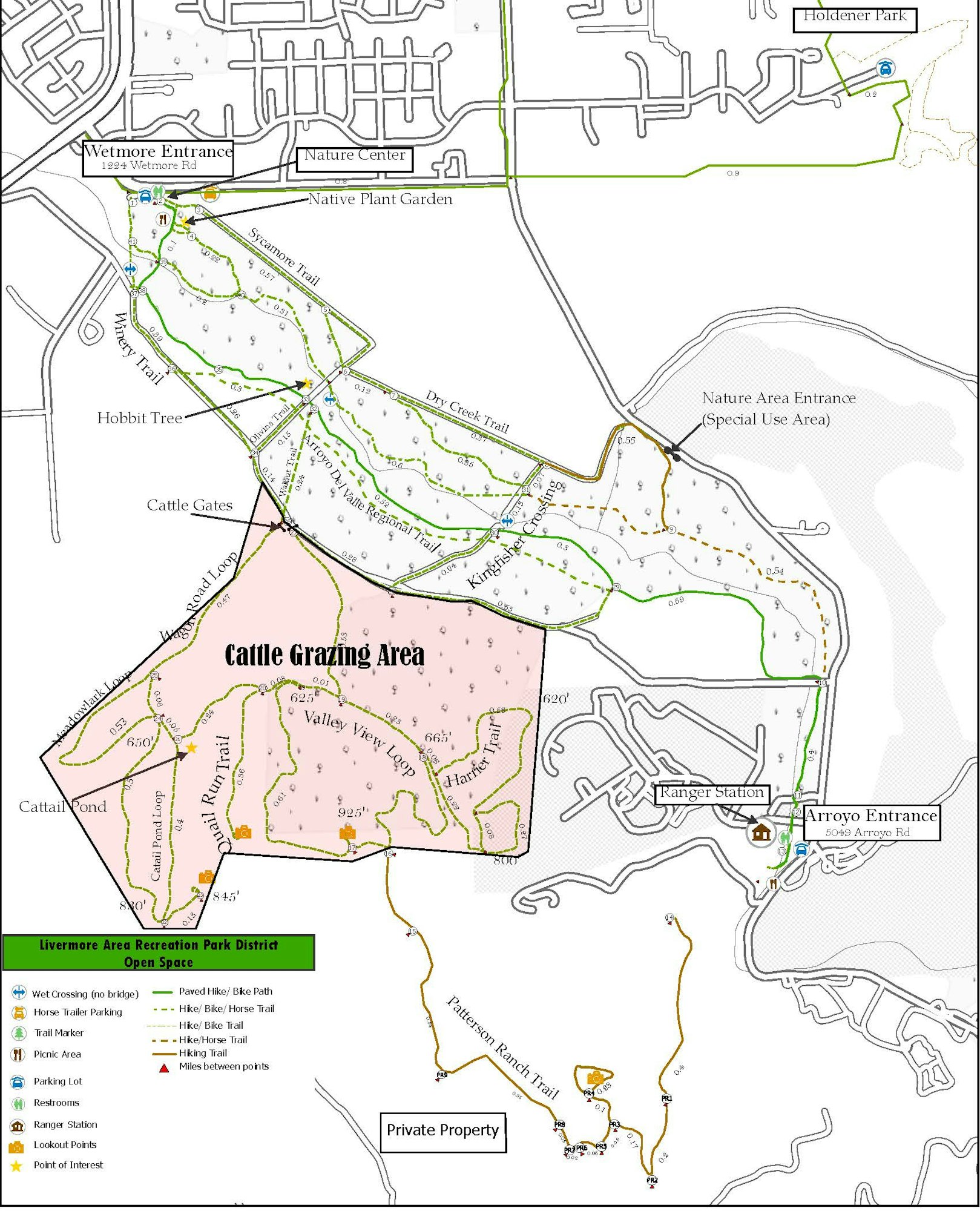 Map of Livermore Area Recreation Park District with trails, entrances, cattle grazing area, and various facilities marked.