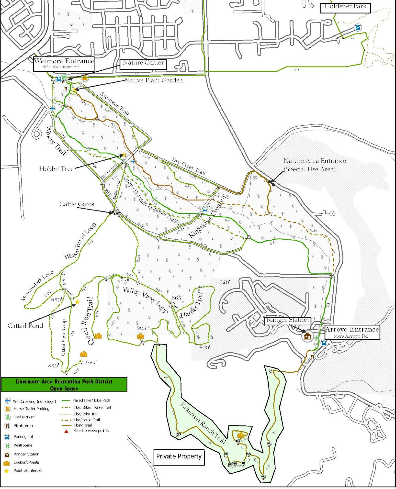 Map of Livermore Area Recreation Park District. Trails, entrances, parking, picnic, and restroom areas marked.