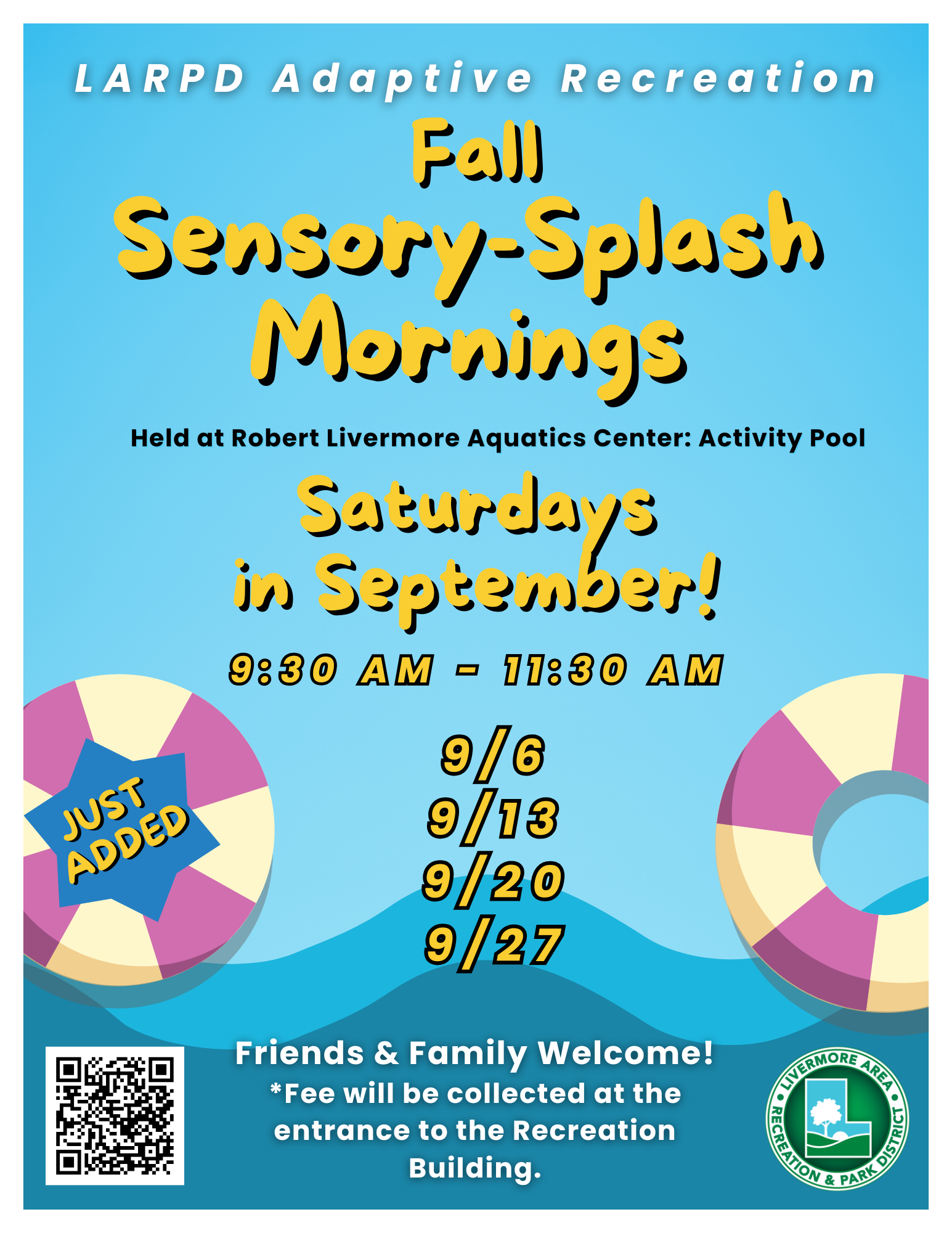 Event flyer for Fall Sensory-Splash Mornings at Robert Livermore Aquatics Center, Saturdays in September, 9:30-11:30 AM.