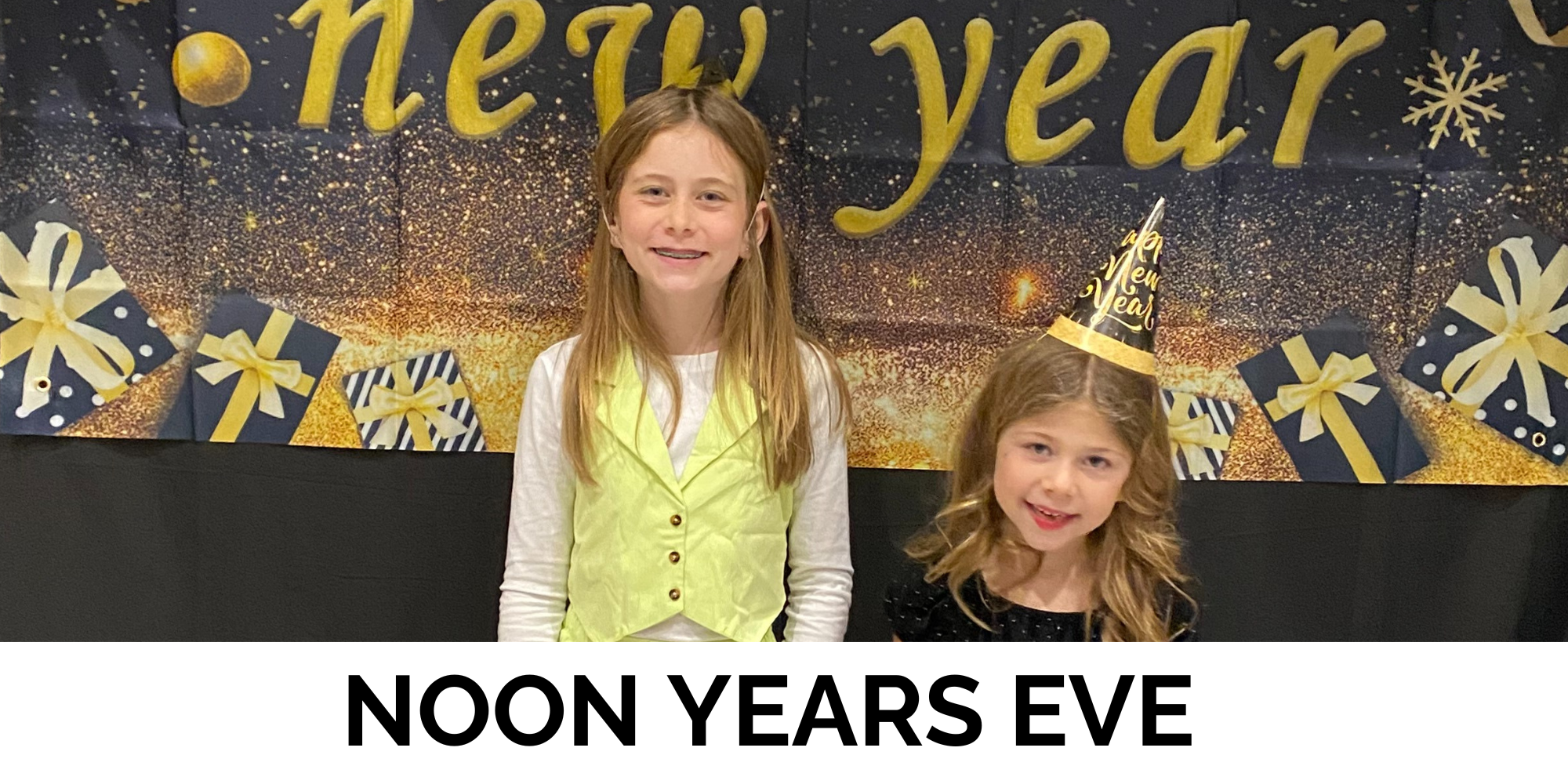 Two children at a "Noon Year's Eve" party, one wearing a New Year hat, with a festive backdrop.