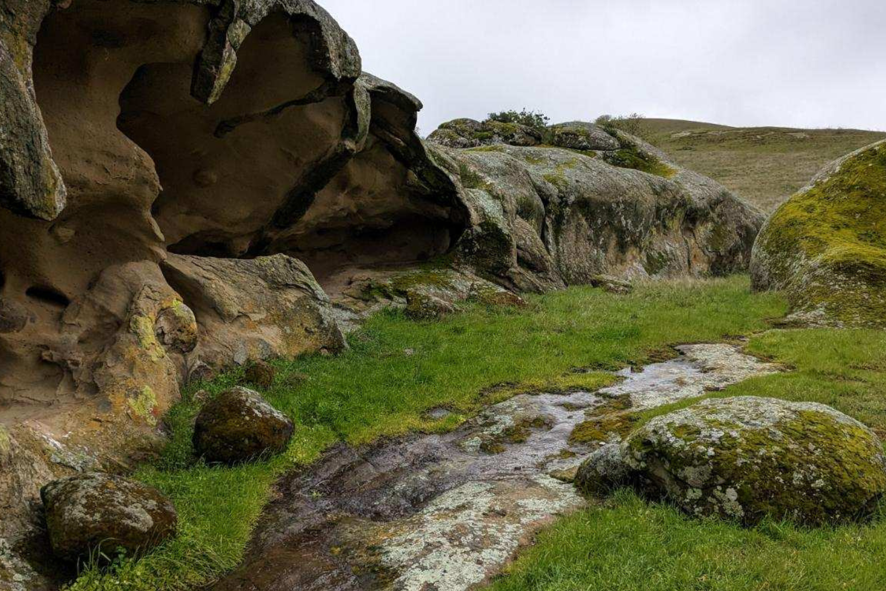 Rock formations with green grass and moss under a cloudy sky.