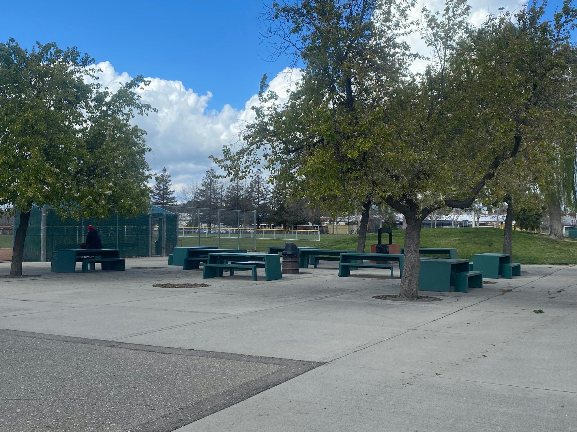 May contain: grass, nature, outdoors, park, plant, bench, furniture, person, clothing, and hat