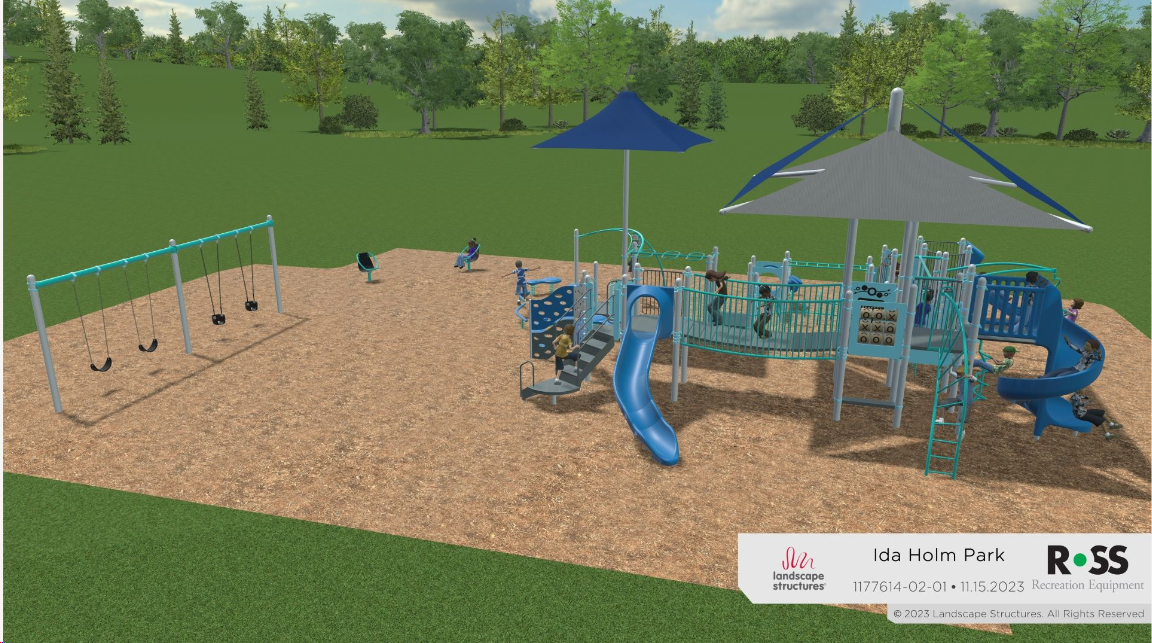 A 3D rendering of a playground with swings, a slide, and shaded play structures on a wood chip surface, surrounded by greenery.