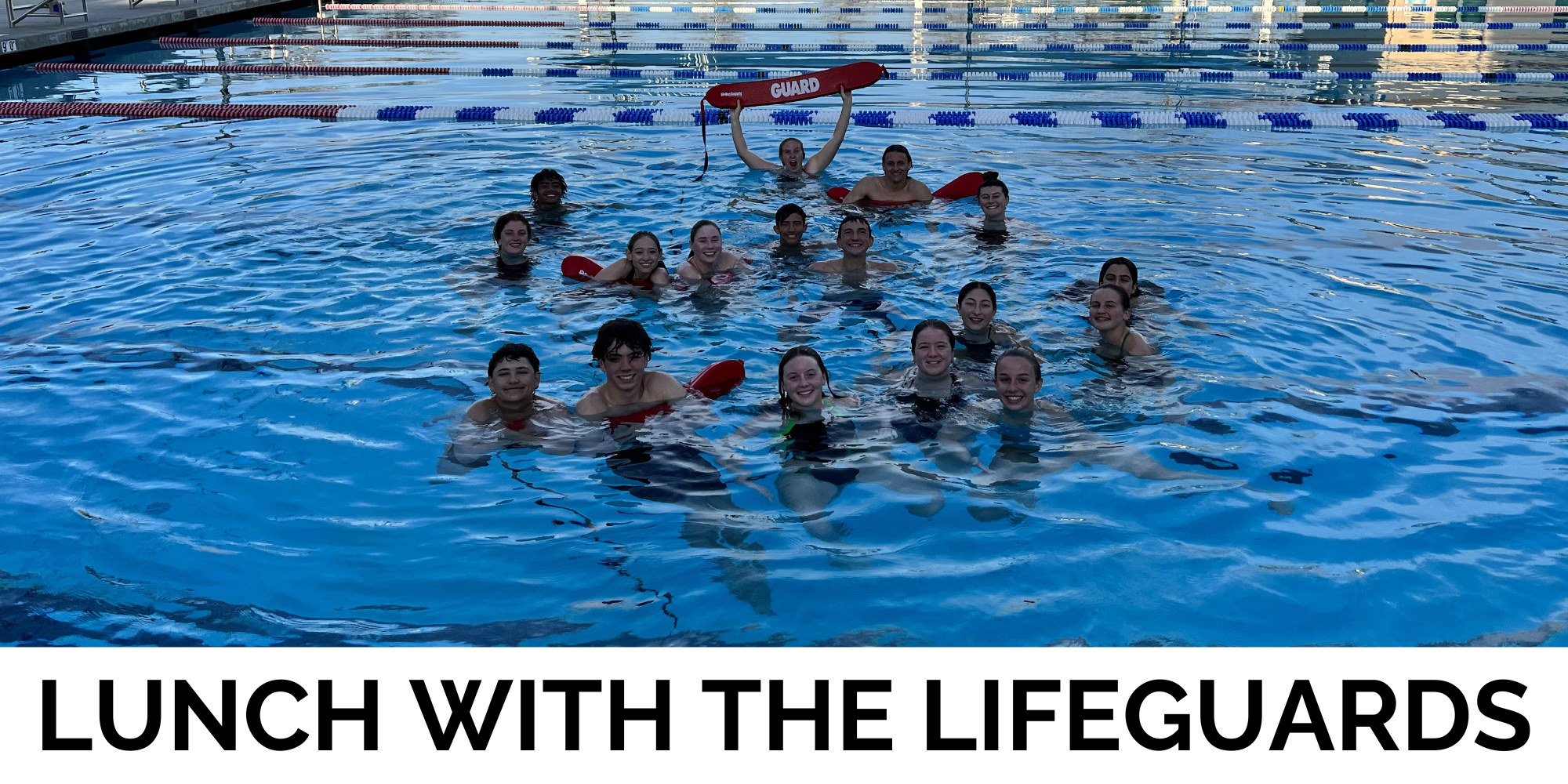 A group of lifeguards and swimmers enjoying a fun moment in the pool, captioned "Lunch with the Lifeguards."