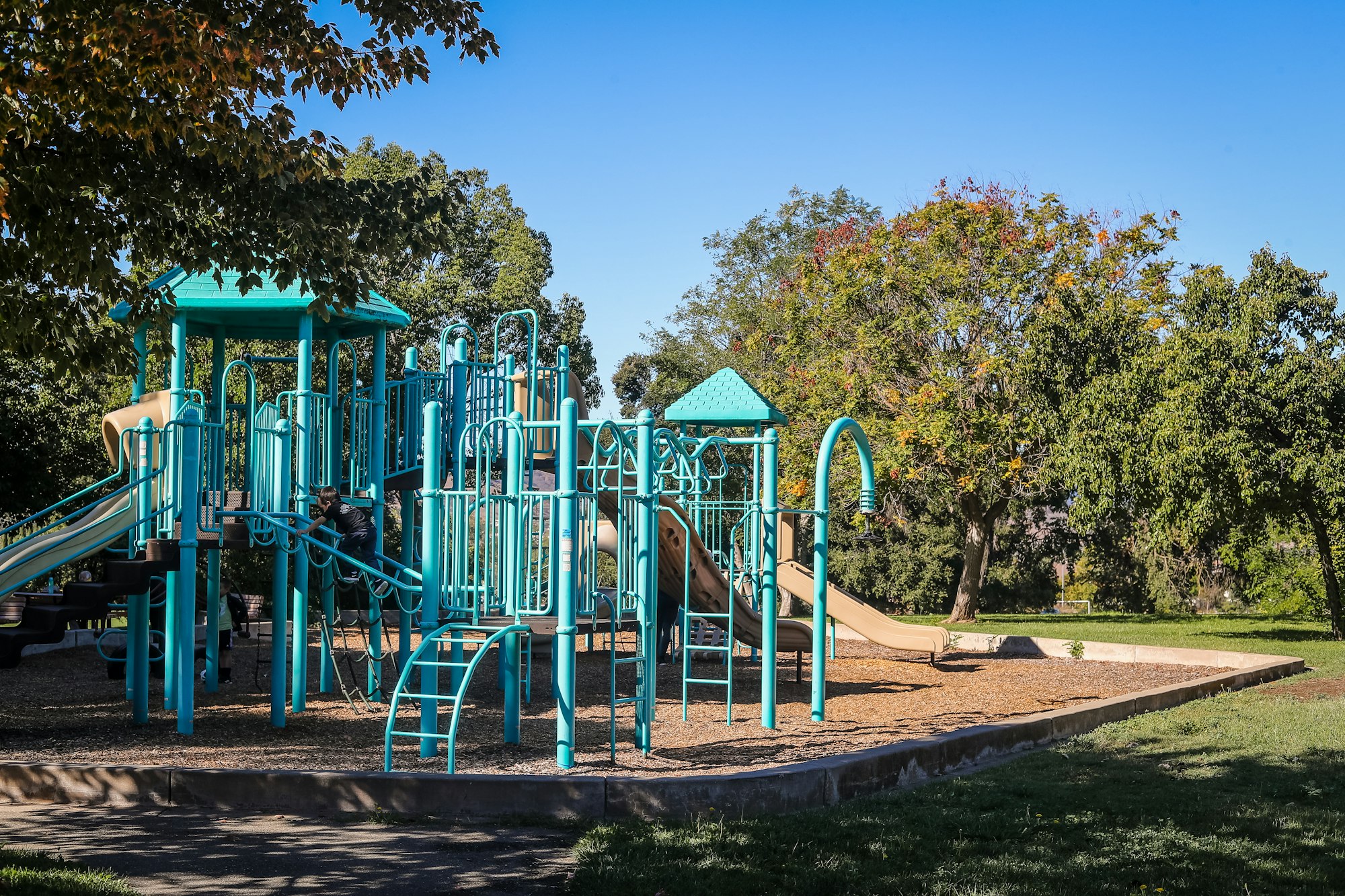 A playground with slides and climbing structures surrounded by trees and grass.