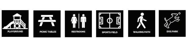 Icons for a playground, picnic tables, restrooms, sports field, walking path, and dog park.