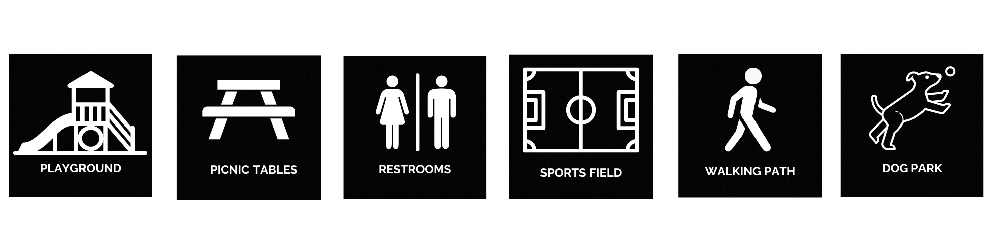 Icons for a playground, picnic tables, restrooms, sports field, walking path, and dog park.
