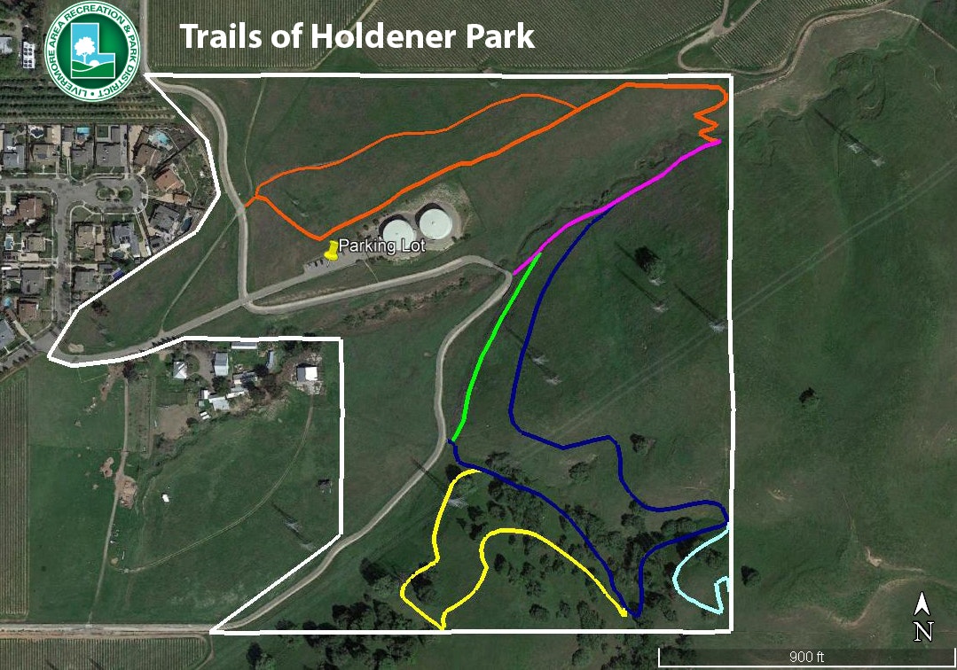 Map of Holdener Park showing various trails in different colors and a marked parking lot.
