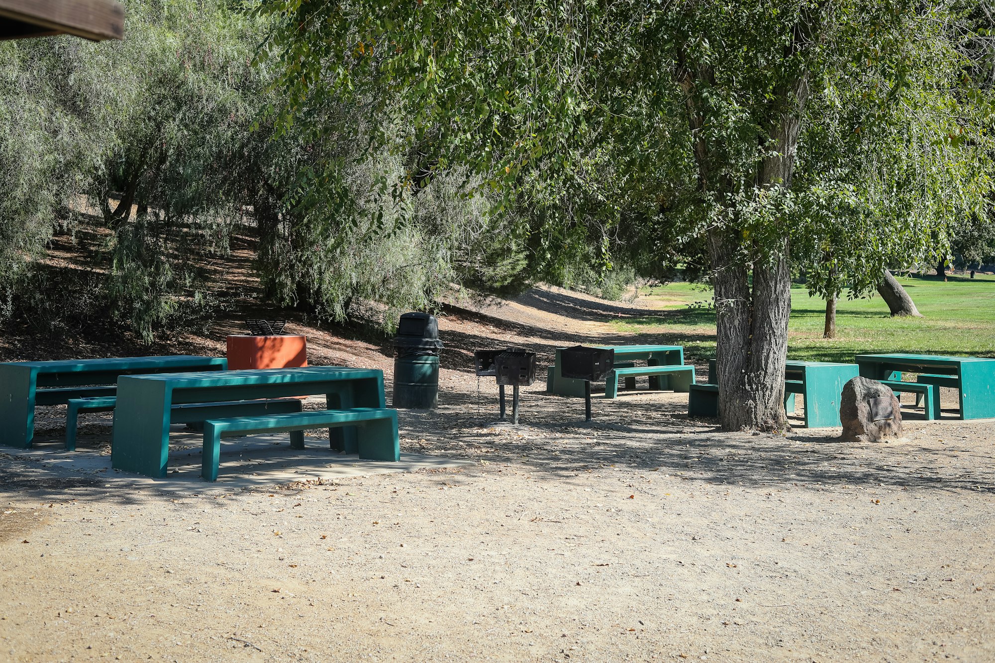 Picnic area with benches, tables, BBQ grills, a trash bin, and trees in a park setting.