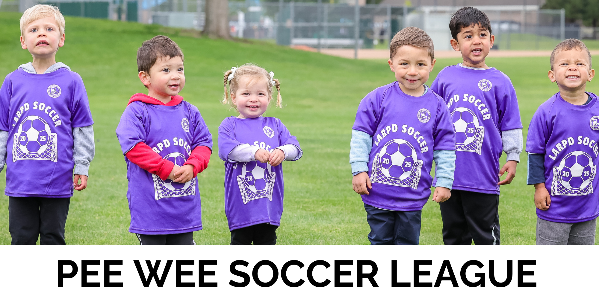 Six young children in purple soccer jerseys, smiling, standing on grass with "Pee Wee Soccer League" text below.